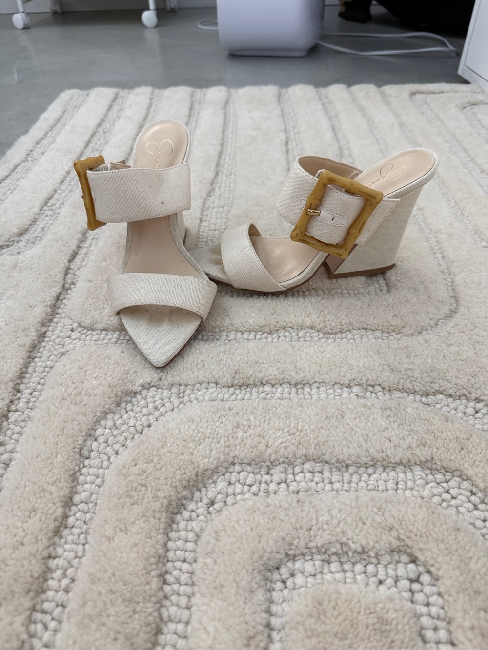 Jessica Simpson Cream Wedge Sandals with Amber Buckle
